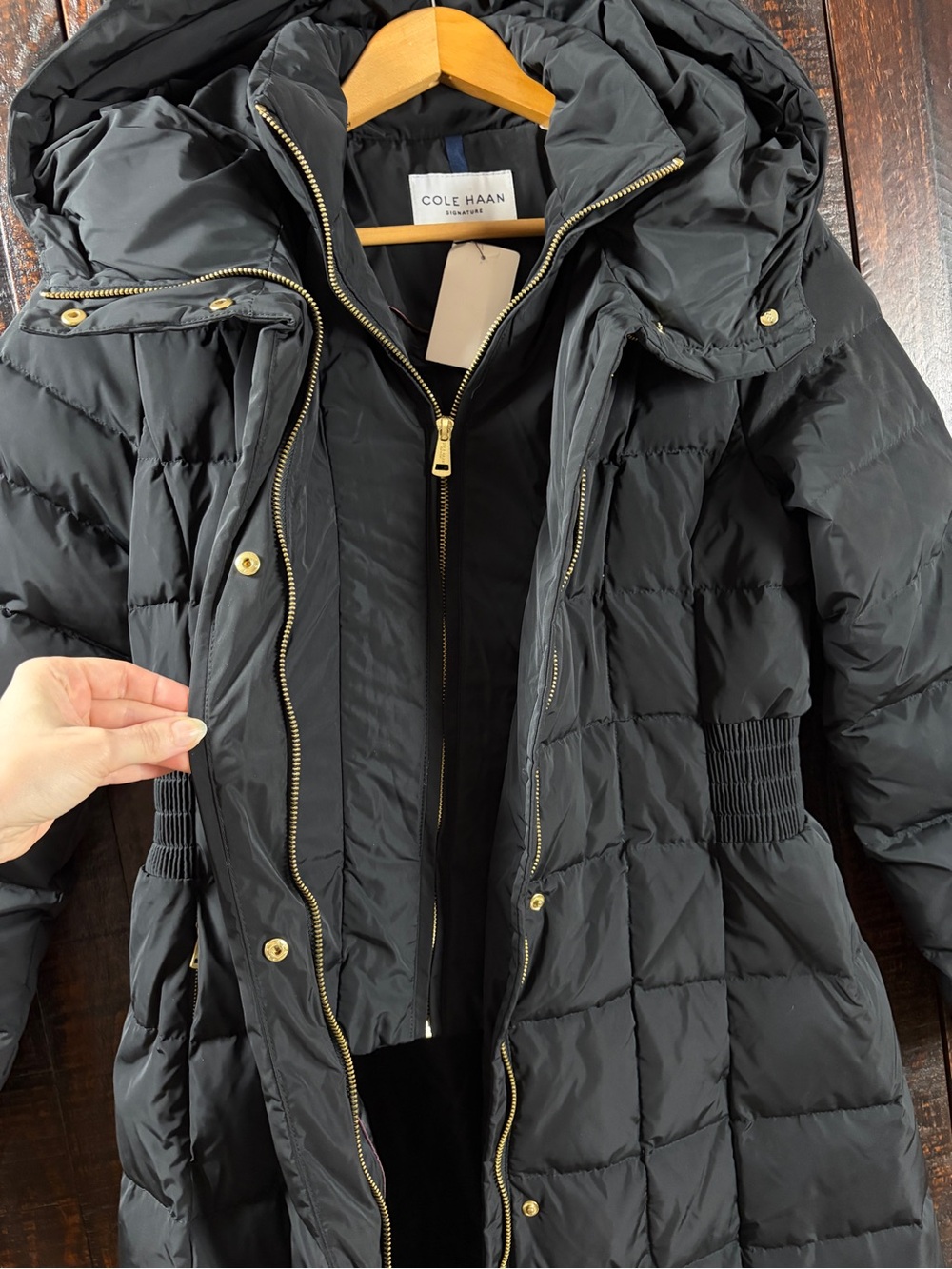 Cole Haan Black Quilted Down/Feather Hooded Maxi Puffer Coat - Large - Picture 2 of 16